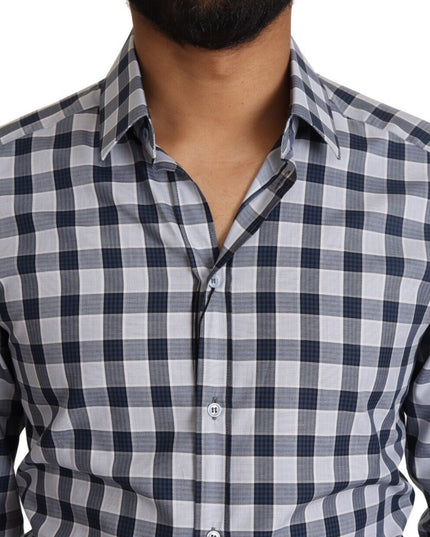 Dolce & Gabbana Blue White Check Cotton Slim Fit GOLD Shirt