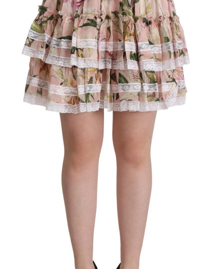 Dolce & Gabbana Pink Lily Print Silk Mini Tiered A-line Skirt