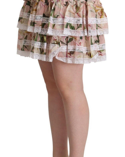Dolce & Gabbana Pink Lily Print Silk Mini Tiered A-line Skirt
