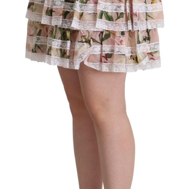 Dolce & Gabbana Pink Lily Print Silk Mini Tiered A-line Skirt