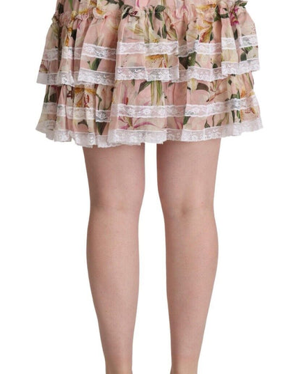 Dolce & Gabbana Pink Lily Print Silk Mini Tiered A-line Skirt