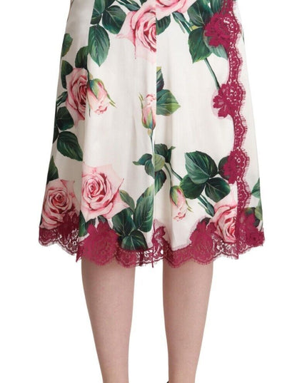 Dolce & Gabbana White Rose Print High Waist Midi A-line Skirt