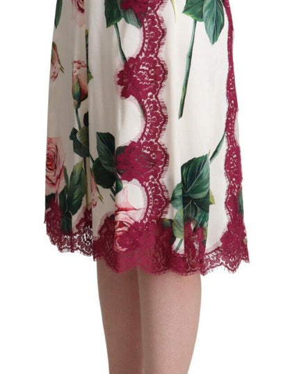 Dolce & Gabbana White Rose Print High Waist Midi A-line Skirt