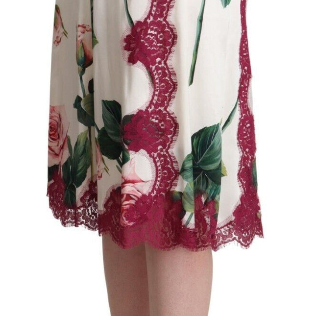 Dolce & Gabbana White Rose Print High Waist Midi A-line Skirt