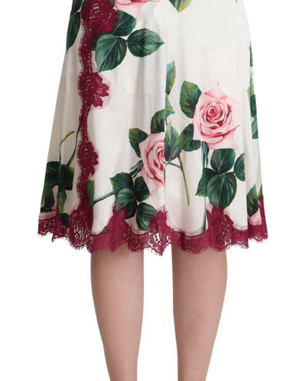 Dolce & Gabbana White Rose Print High Waist Midi A-line Skirt