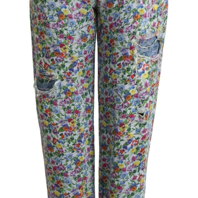 Dolce & Gabbana Blue Floral Print High Waist Denim Tapered Jeans