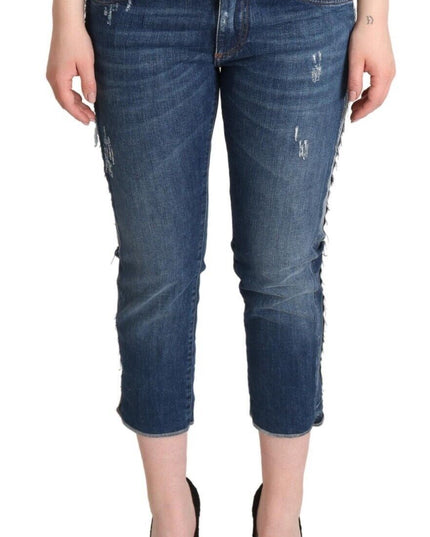 Dolce & Gabbana Blue Washed Mid Waist Denim Logo Cropped Jeans