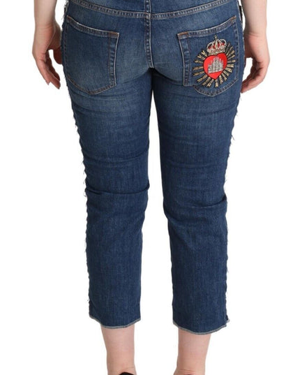 Dolce & Gabbana Blue Washed Mid Waist Denim Logo Cropped Jeans