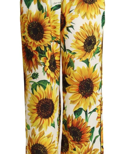 Dolce & Gabbana White Sunflower Print Mid Waist Wide Leg Pants