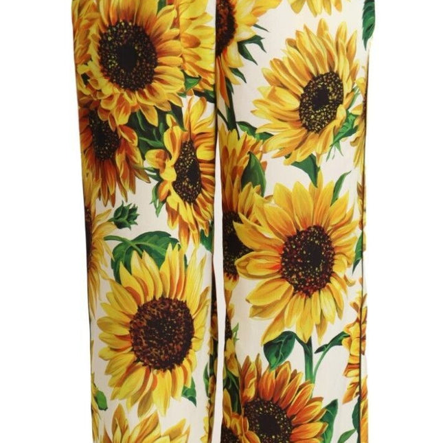 Dolce & Gabbana White Sunflower Print Mid Waist Wide Leg Pants