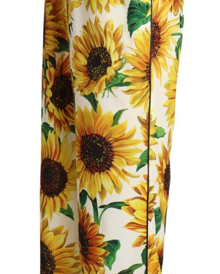 Dolce & Gabbana White Sunflower Print Mid Waist Wide Leg Pants