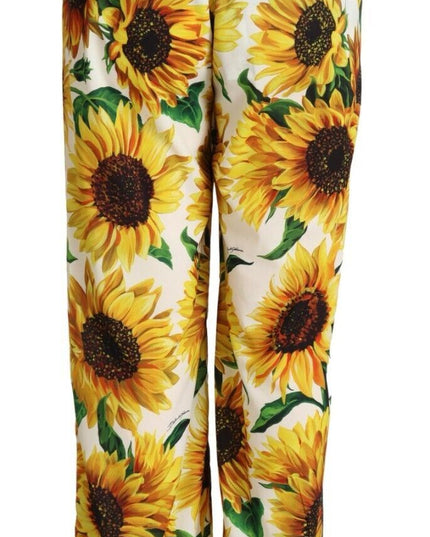 Dolce & Gabbana White Sunflower Print Mid Waist Wide Leg Pants