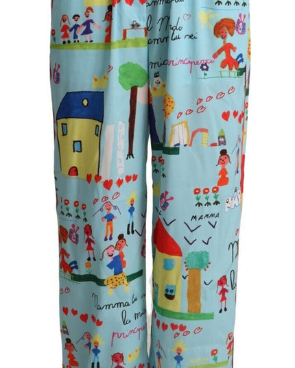 Dolce & Gabbana Light Blue Drawing Mid Waist Wide Leg Pants