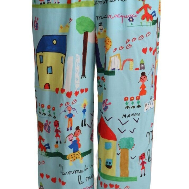 Dolce & Gabbana Light Blue Drawing Mid Waist Wide Leg Pants