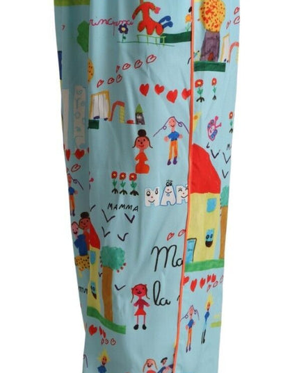Dolce & Gabbana Light Blue Drawing Mid Waist Wide Leg Pants