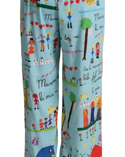 Dolce & Gabbana Light Blue Drawing Mid Waist Wide Leg Pants