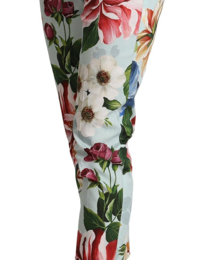 Dolce & Gabbana Light Blue Fiori Print Cotton Trouser Tapered Pants