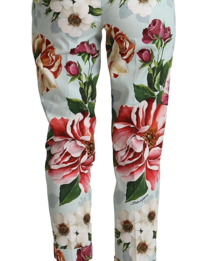 Dolce & Gabbana Light Blue Fiori Print Cotton Trouser Tapered Pants