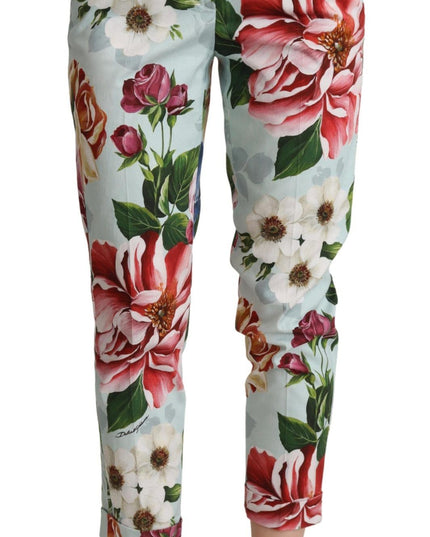 Dolce & Gabbana Light Blue Fiori Print Cotton Trouser Tapered Pants