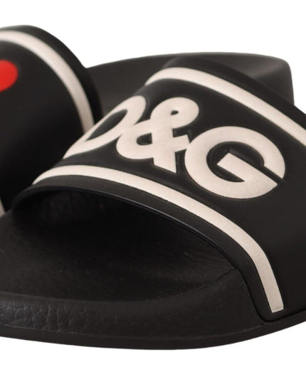 Dolce & Gabbana Black Leather I Love D&G Slides Sandals