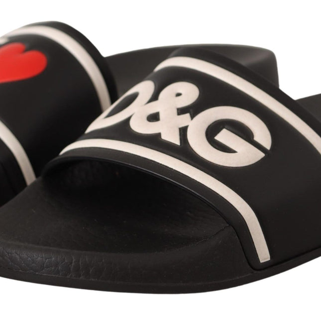 Dolce & Gabbana Black Leather I Love D&G Slides Sandals