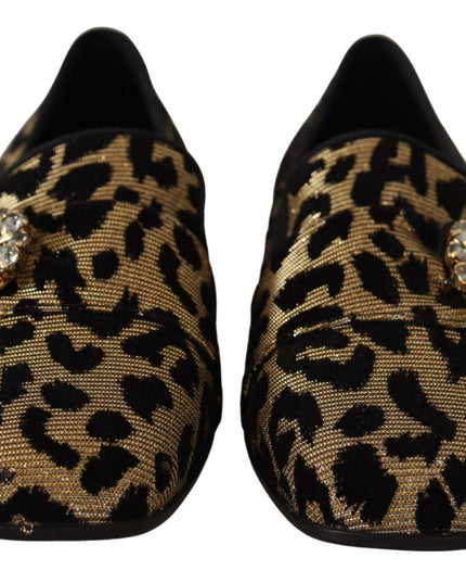 Dolce & Gabbana Gold Leopard Print Crystals Loafers Shoes
