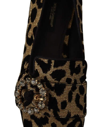 Dolce & Gabbana Gold Leopard Print Crystals Loafers Shoes