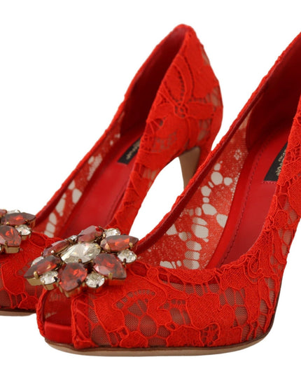Dolce & Gabbana Red Taormina Lace Crystal Heels Pumps