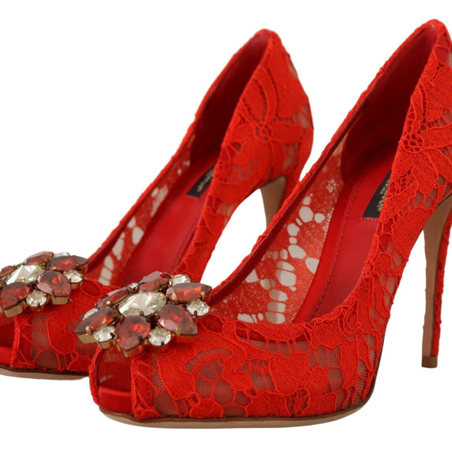 Dolce & Gabbana Red Taormina Lace Crystal Heels Pumps