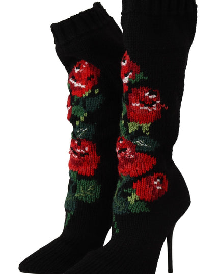 Dolce & Gabbana Black Stretch Socks Red Roses Booties Shoes