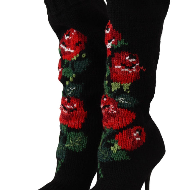 Dolce & Gabbana Black Stretch Socks Red Roses Booties Shoes
