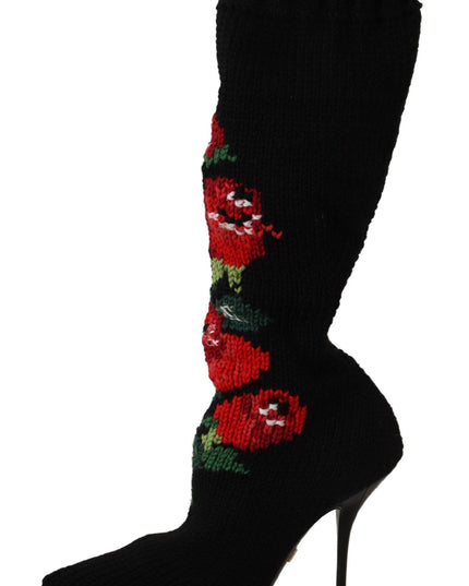 Dolce & Gabbana Black Stretch Socks Red Roses Booties Shoes