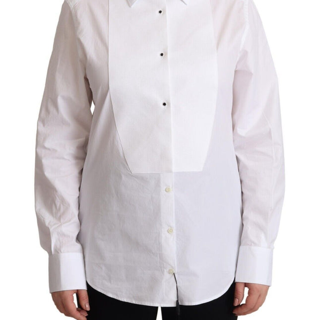 Dolce & Gabbana White Cotton Dress Collared Long Sleeves Shirt Top