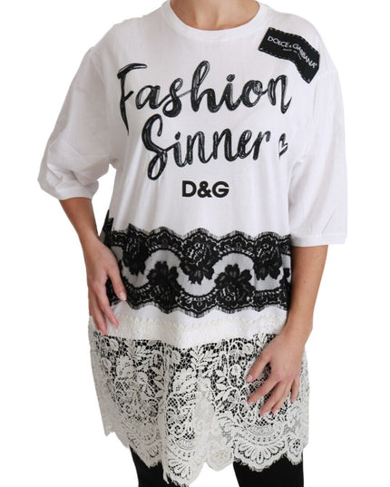 Dolce & Gabbana White Fashion Sinner Cotton Lace T-shirt Top