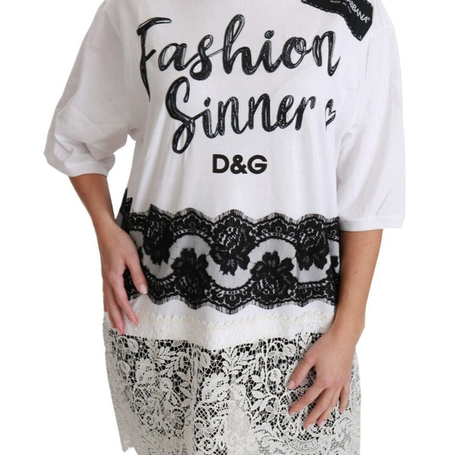 Dolce & Gabbana White Fashion Sinner Cotton Lace T-shirt Top