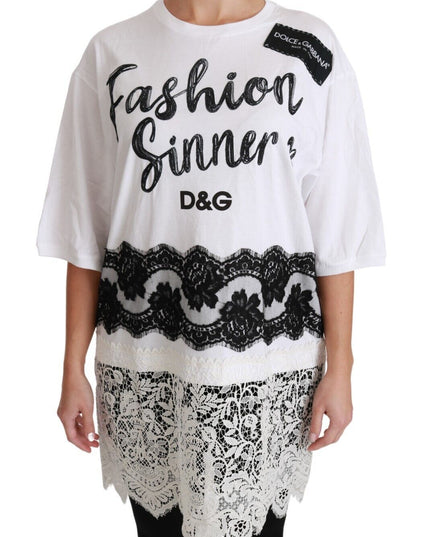 Dolce & Gabbana White Fashion Sinner Cotton Lace T-shirt Top