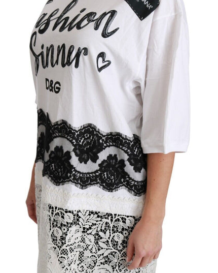 Dolce & Gabbana White Fashion Sinner Cotton Lace T-shirt Top