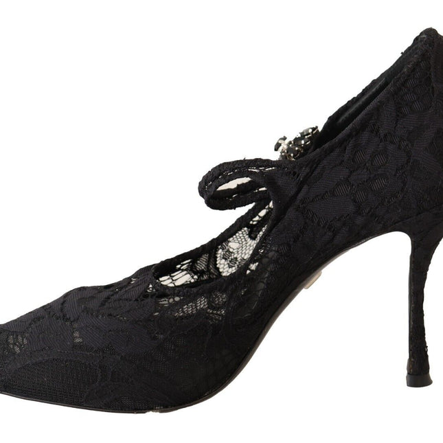 Dolce & Gabbana Black Lace Crystals Heels Mary Jane Pumps Shoes