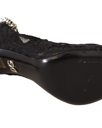 Dolce & Gabbana Black Lace Crystals Heels Mary Jane Pumps Shoes