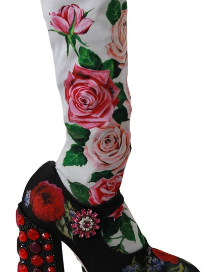 Dolce & Gabbana Black Floral Socks Crystal Jersey Boots Shoes