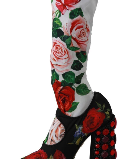 Dolce & Gabbana Black Floral Socks Crystal Jersey Boots Shoes