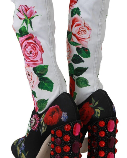 Dolce & Gabbana Black Floral Socks Crystal Jersey Boots Shoes