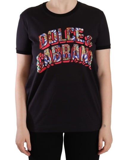Dolce & Gabbana Black Logo Print Cotton Crew Neck Tee T-shirt