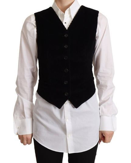 Dolce & Gabbana Black V-neck Leopard Corduroy Button Vest Top