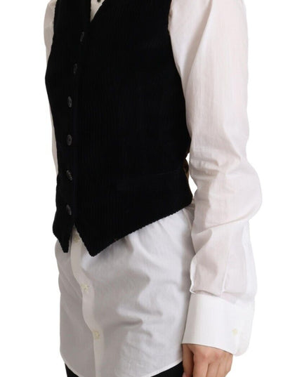 Dolce & Gabbana Black V-neck Leopard Corduroy Button Vest Top