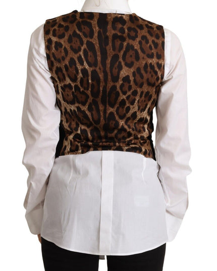 Dolce & Gabbana Black V-neck Leopard Corduroy Button Vest Top