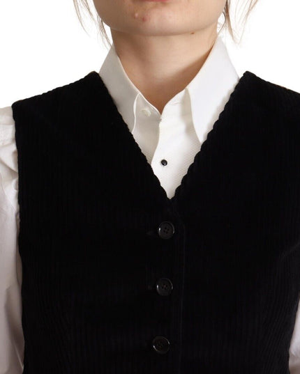 Dolce & Gabbana Black V-neck Leopard Corduroy Button Vest Top