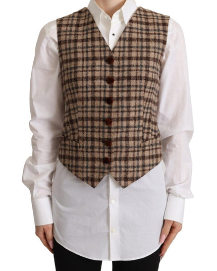 Dolce & Gabbana Brown Checkered Leopard V-neck Sleeveless Vest Top