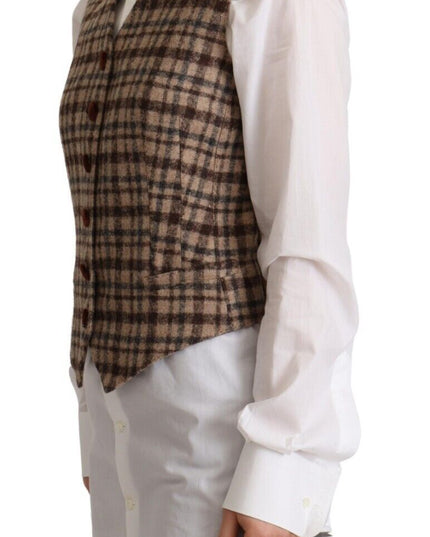 Dolce & Gabbana Brown Checkered Leopard V-neck Sleeveless Vest Top