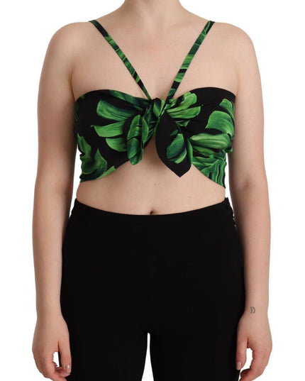 Dolce & Gabbana Black Green Leaf Silk Halter Cropped Top